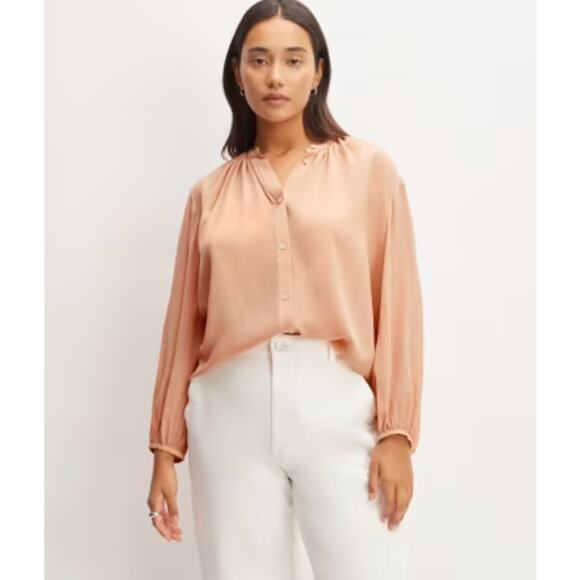 Everlane SZ XXS The Washable Clean Silk Shirred Blouse Blush Pink NWT - Picture 1 of 5